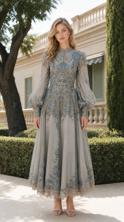 Front full view of sage green vintage maxi dress