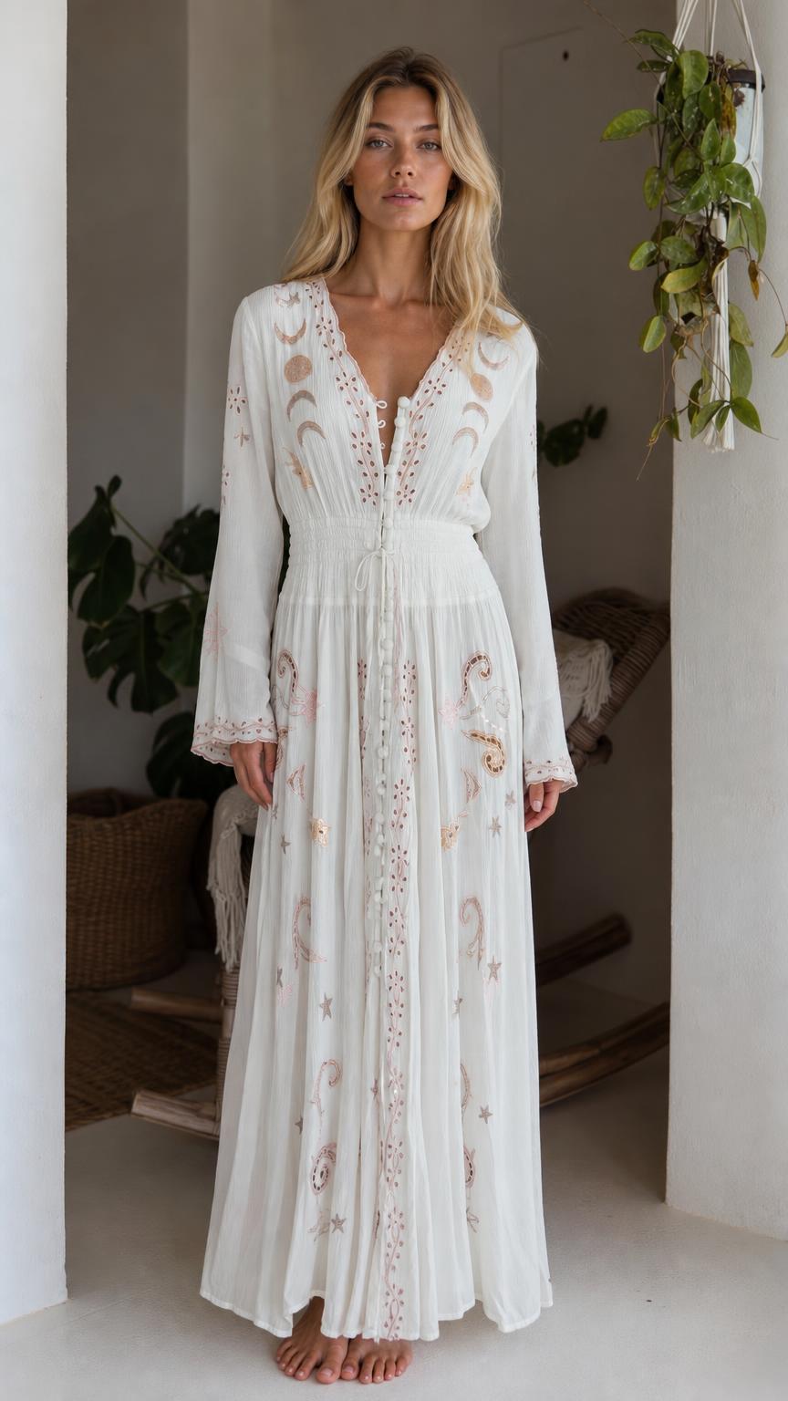 Front view of model wearing white bohemian celestial embroidered maxi dress