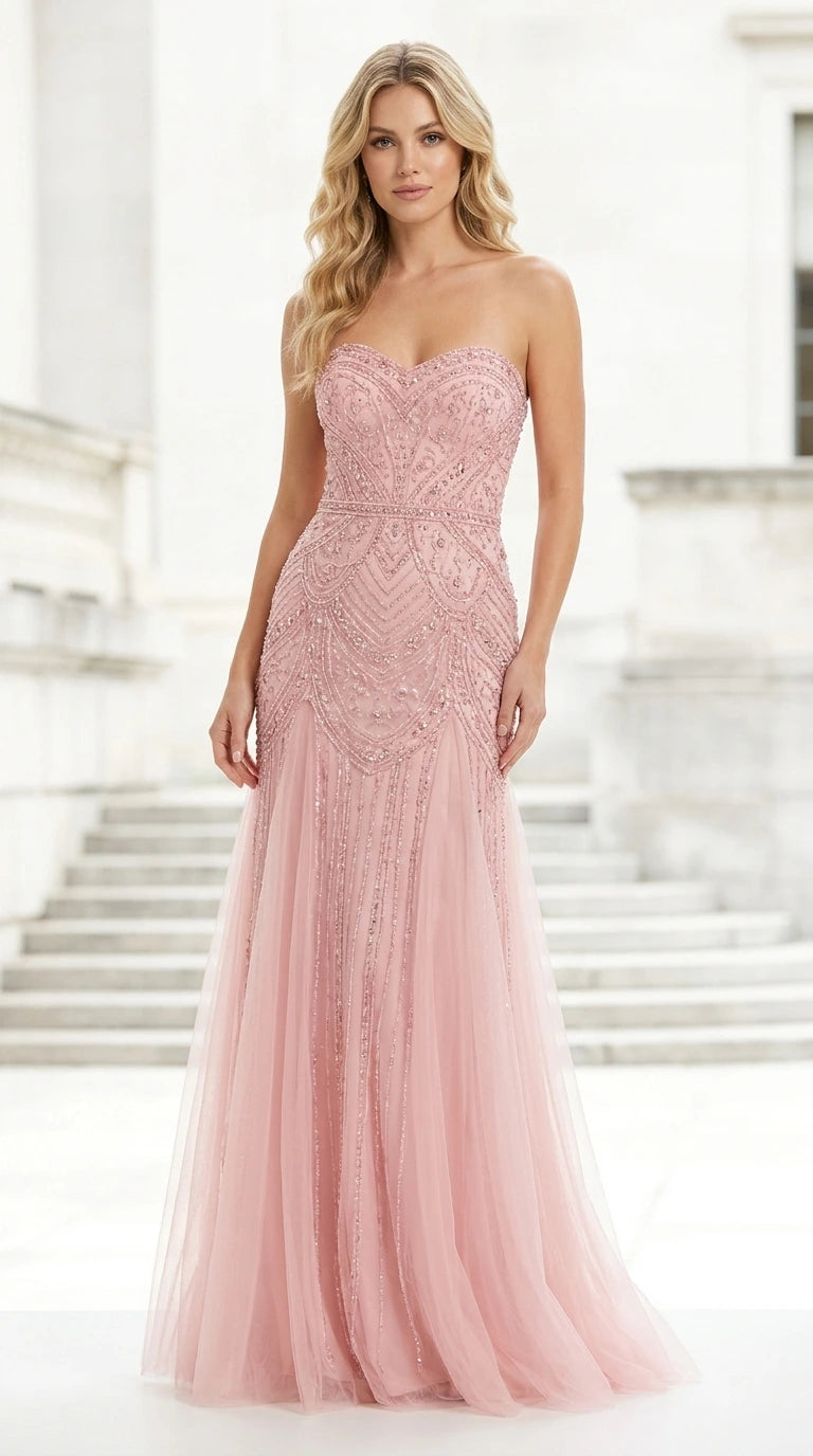 Front view of pink strapless beaded mermaid evening gown