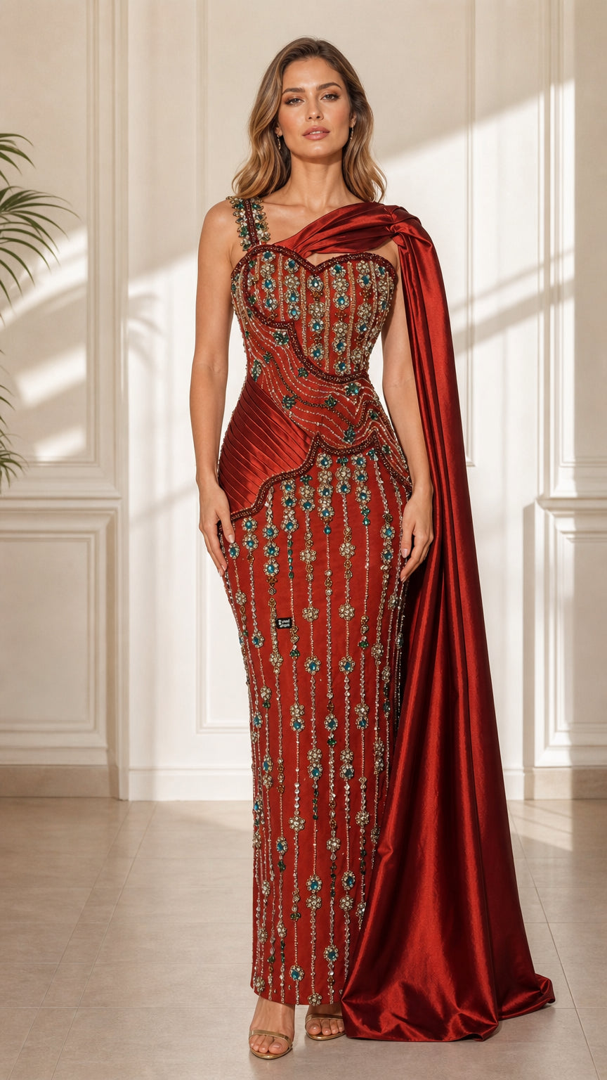 Front view of red embellished cape evening dress