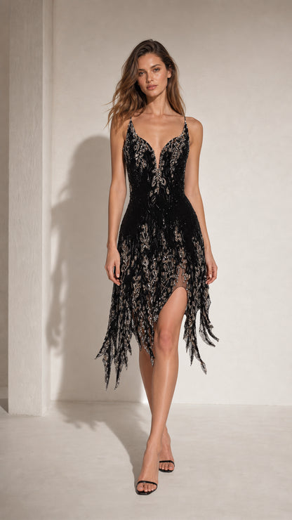 Front full view of woman wearing Black beaded fringed midi dress