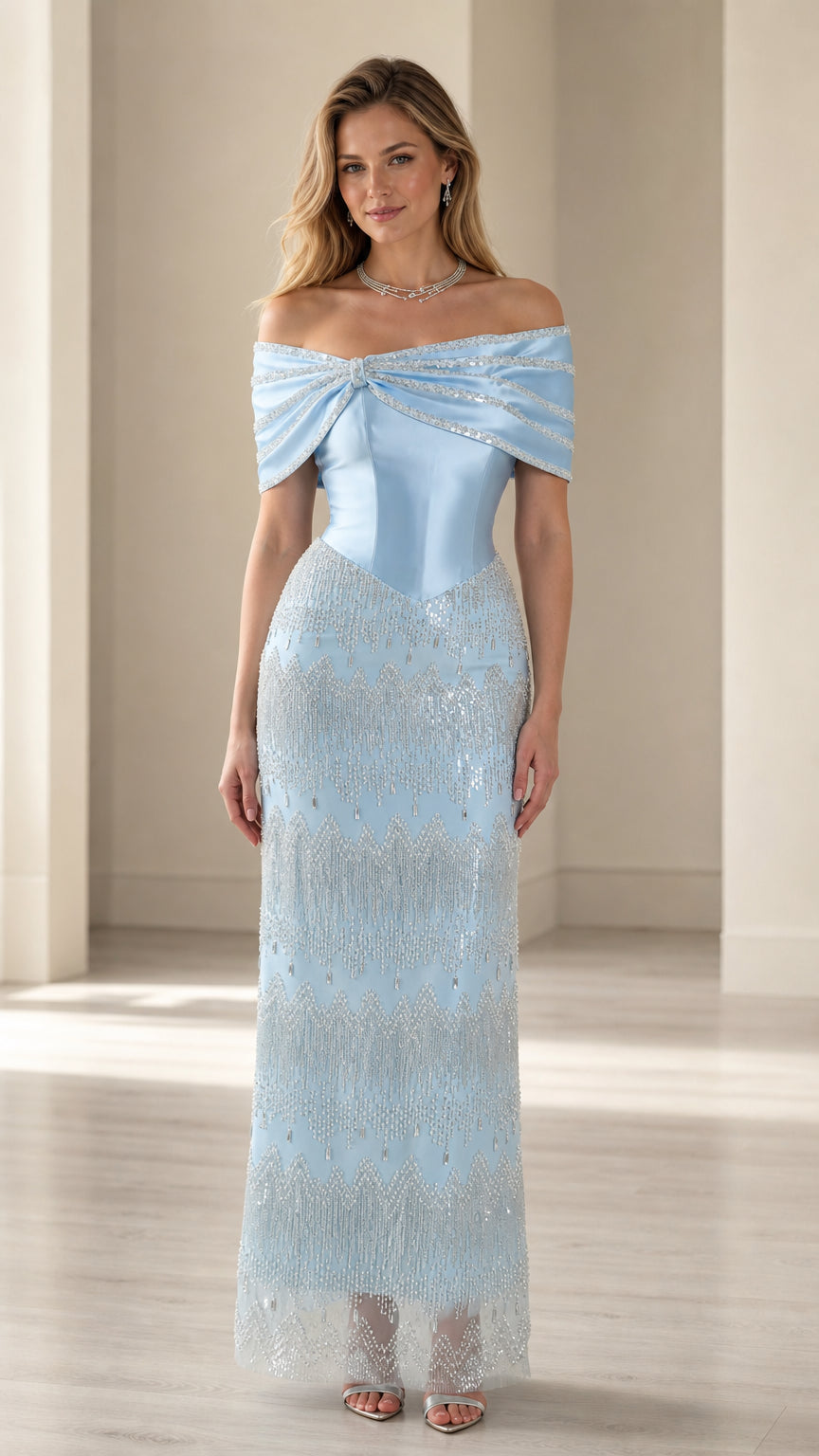 Front full-length view of model wearing light blue off-the-shoulder beaded corset evening gown