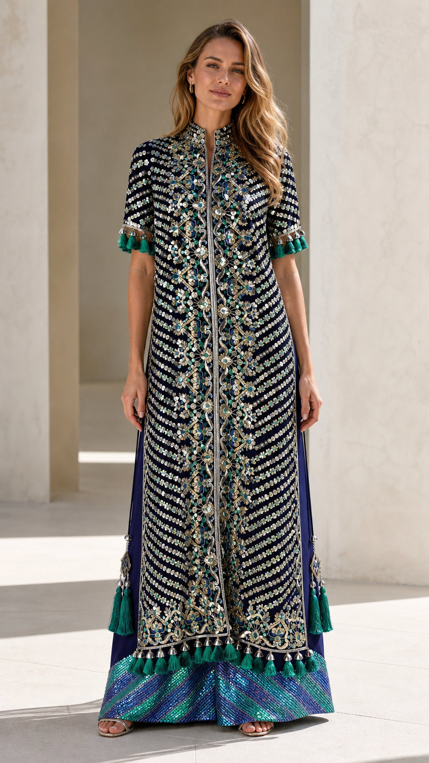 Navy Blue sequined chevron maxi dress with tassel trims front view