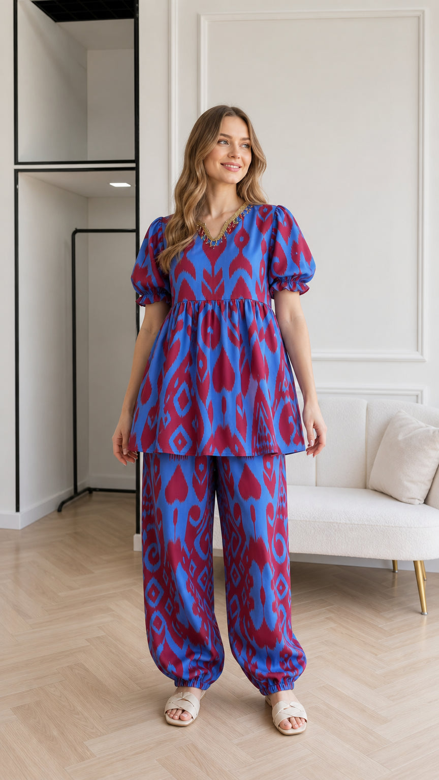Front view of woman wearing Royal Blue ikat print babydoll top and matching cuffed pants