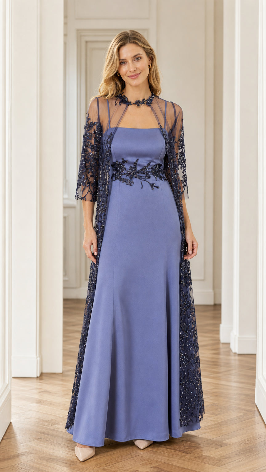 Front view of blue two-piece embroidered evening dress
