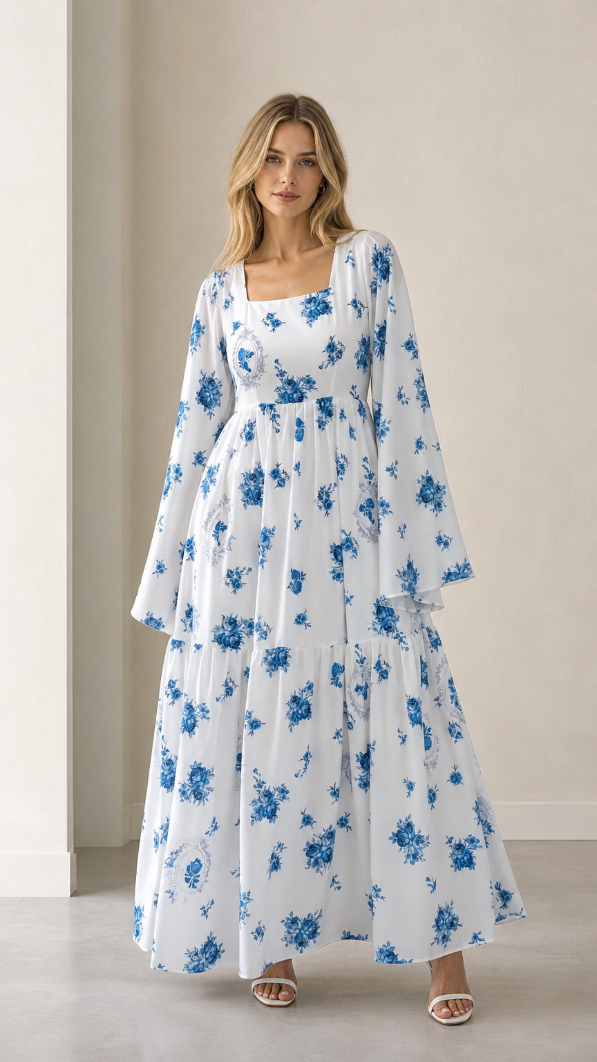 Front view of woman wearing white tiered maxi dress with blue floral print and bell sleeves