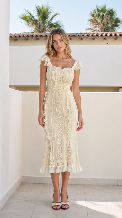 Front view of ivory lace-trimmed midi dress on model