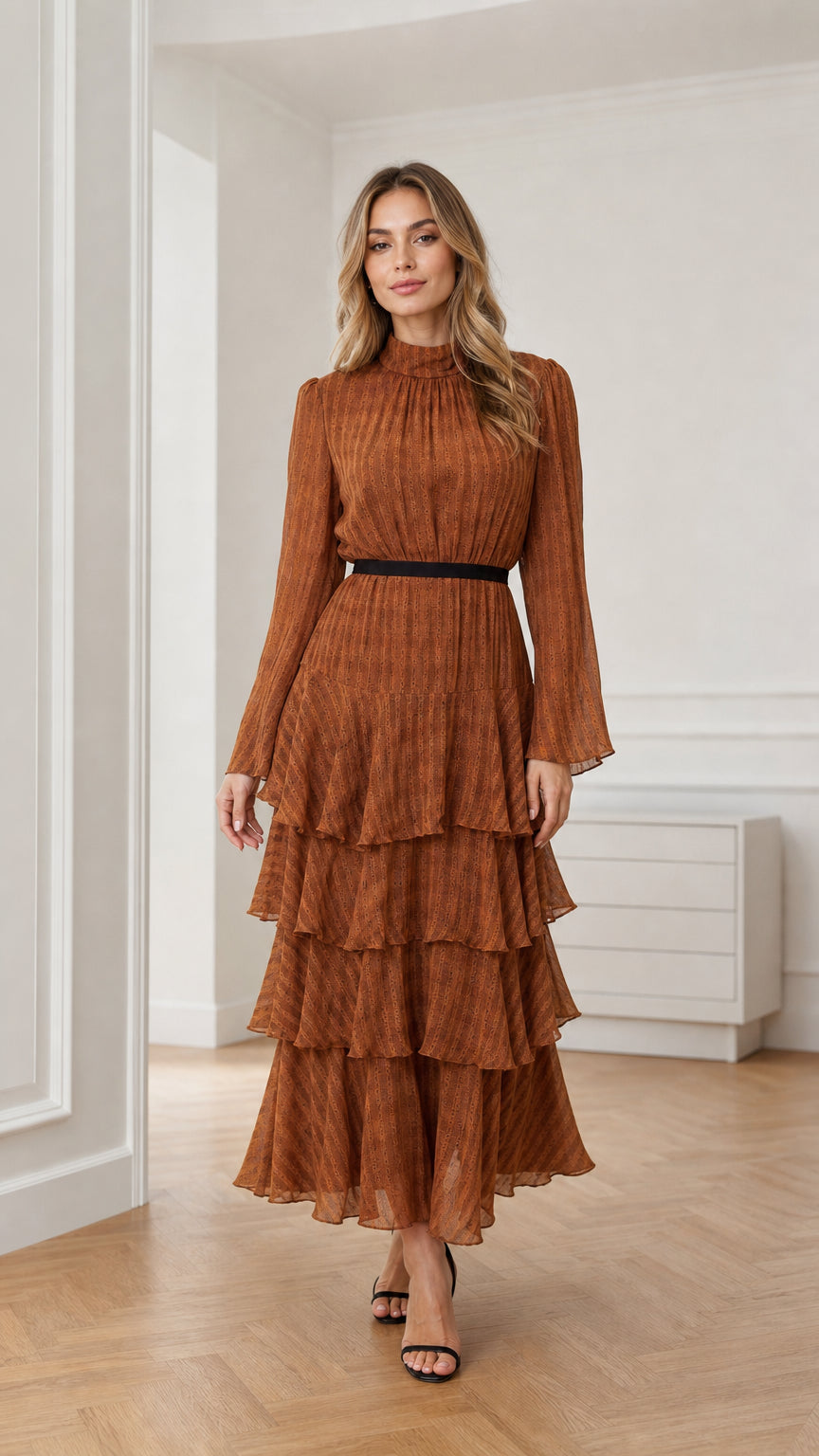 Front view of model wearing a rust brown long sleeve tiered mock neck maxi dress