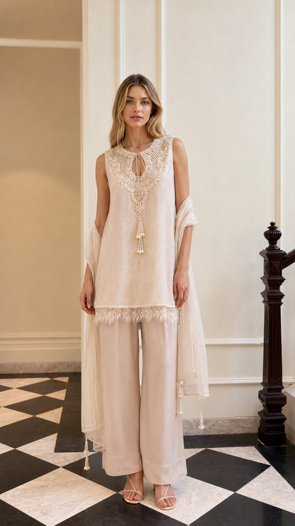 Front view of model wearing beige 3-piece lace tunic and trouser set