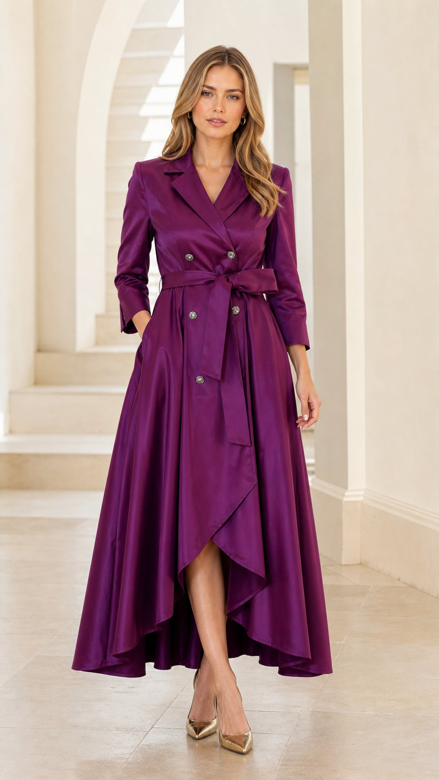 Front view of woman wearing purple satin trench dress with high-low hem