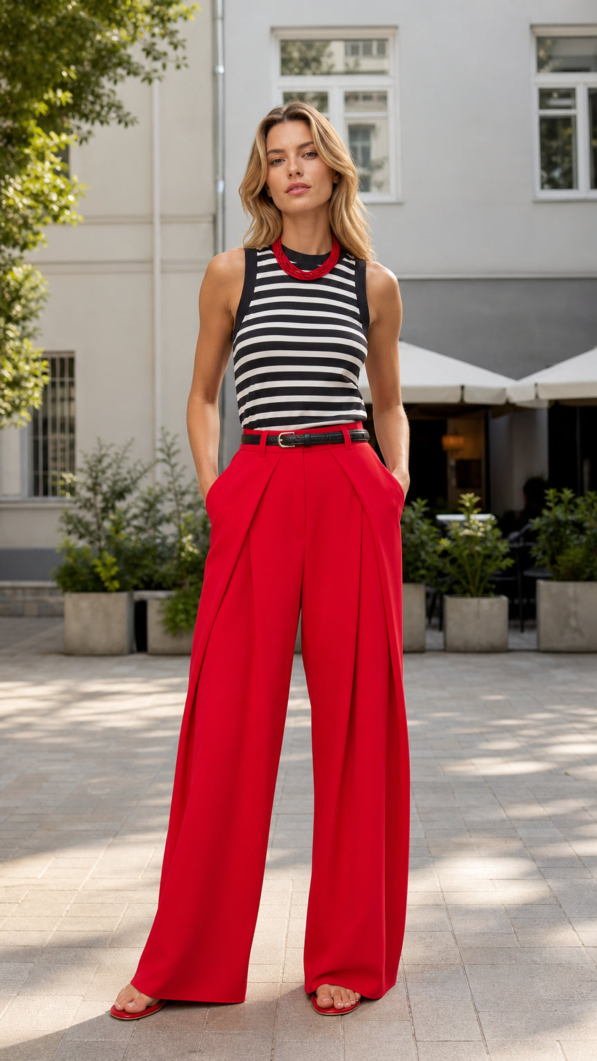 Model wearing red high-waist wide-leg trousers with a striped top