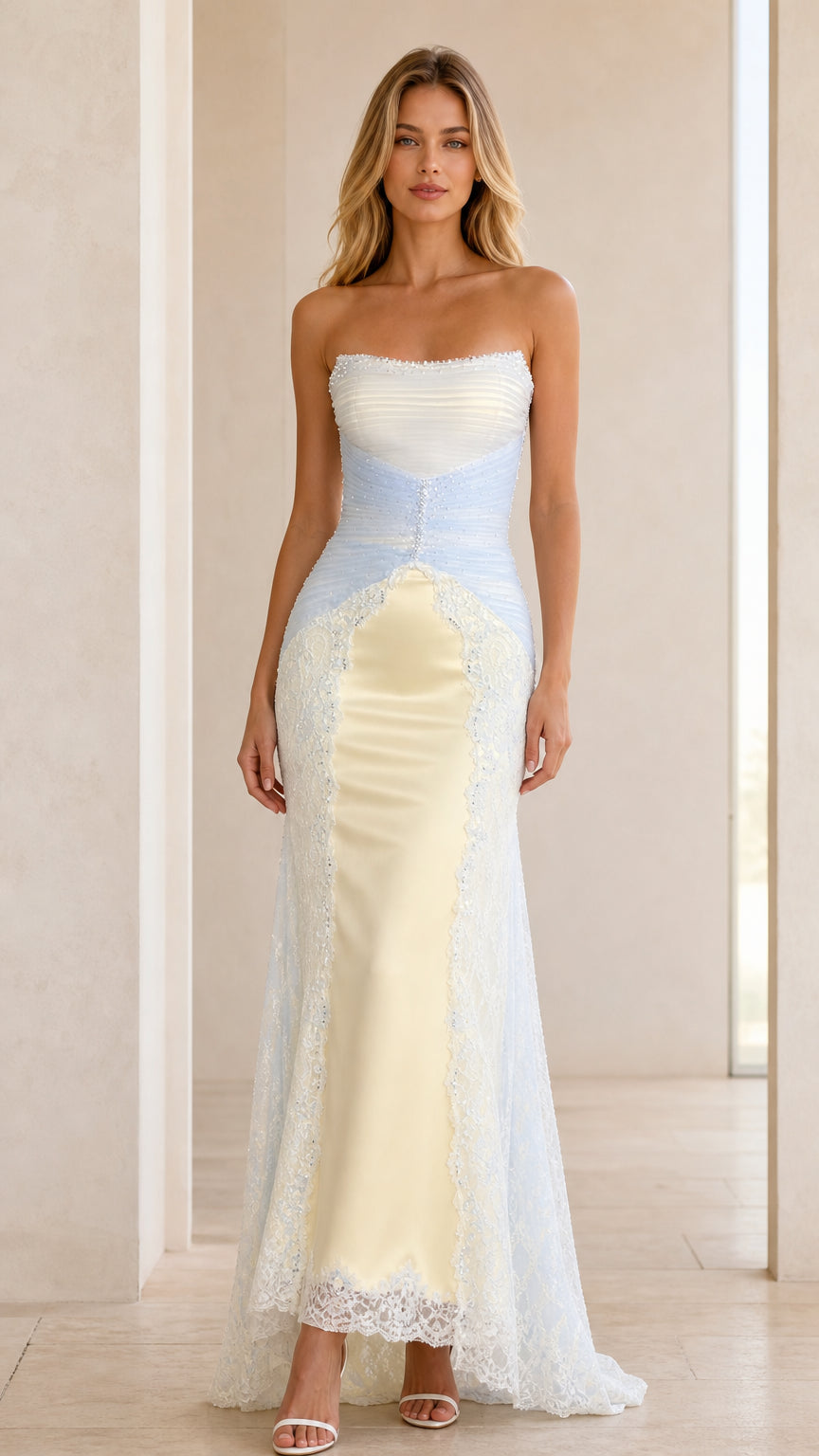 Front view of strapless two-tone light blue and butter yellow evening gown with lace overlay