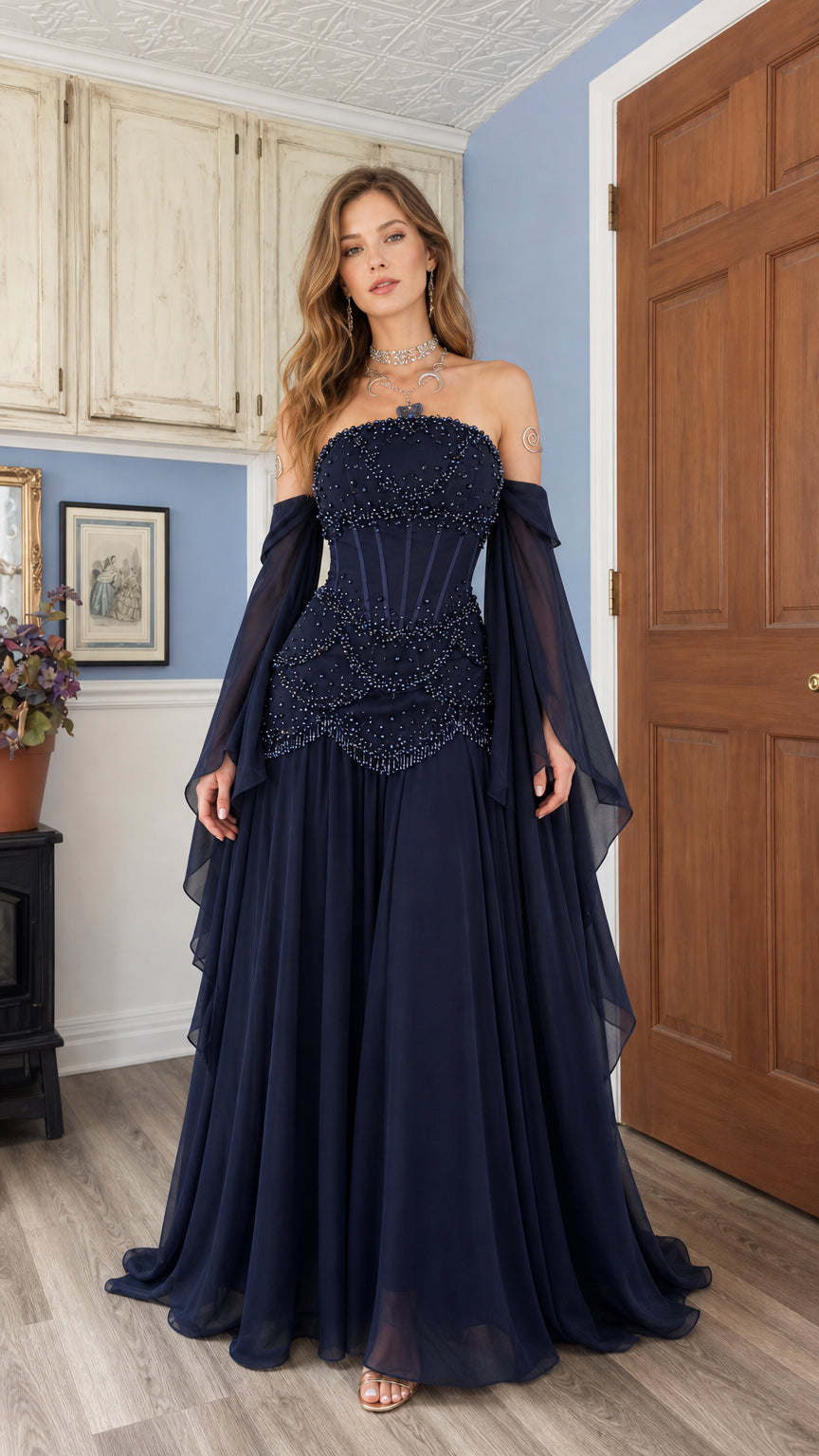 Navy blue beaded corset evening gown with draped chiffon sleeves, front view