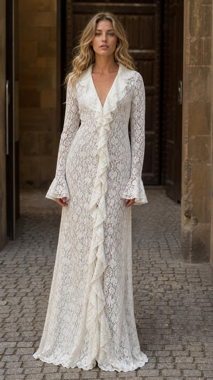 Front full view of woman wearing white long-sleeve lace maxi dress
