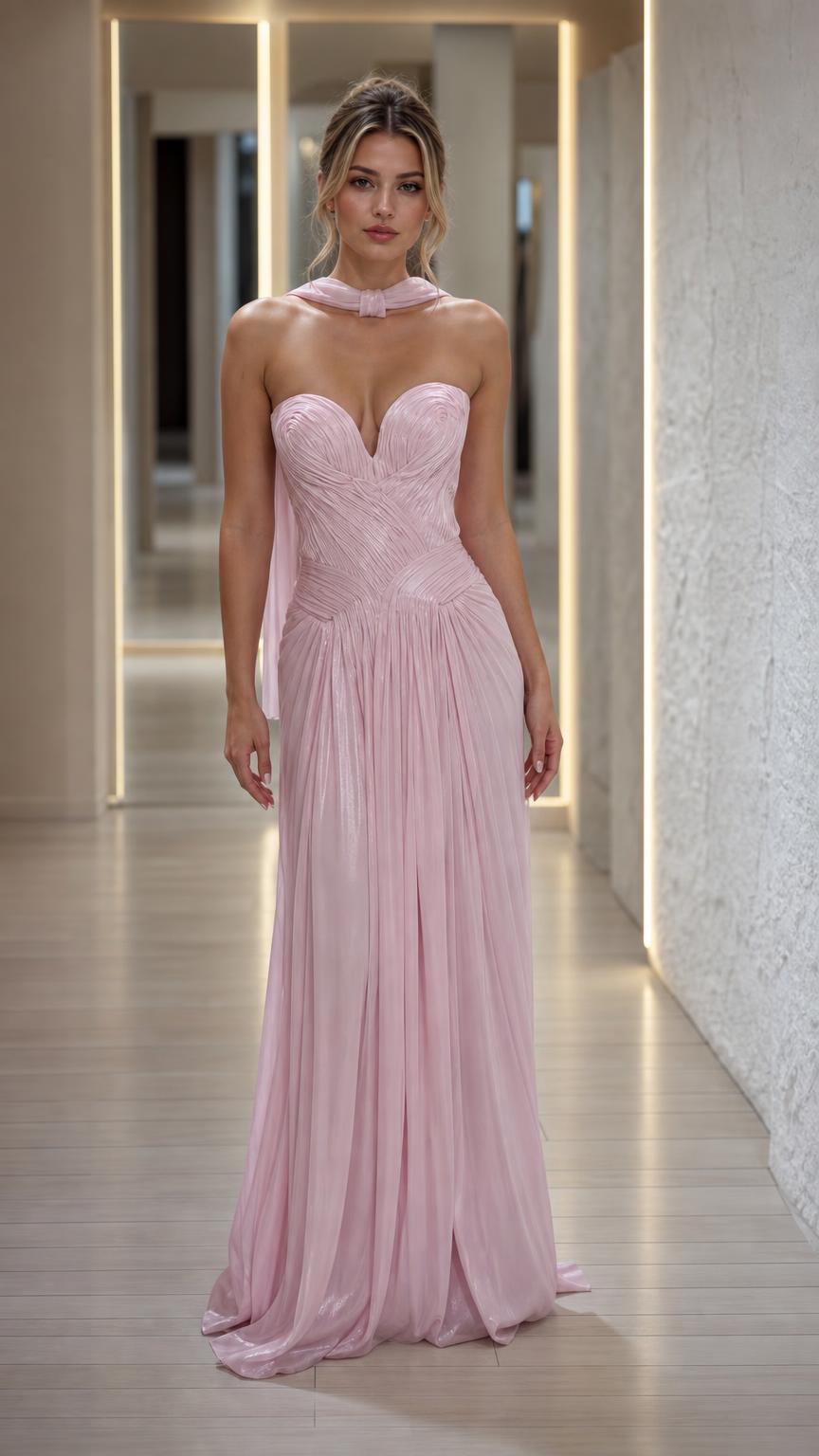 Front view of pink pleated strapless evening dress with scarf