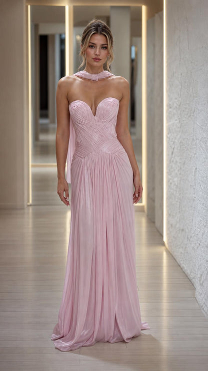 Front view of pink pleated strapless evening dress with scarf
