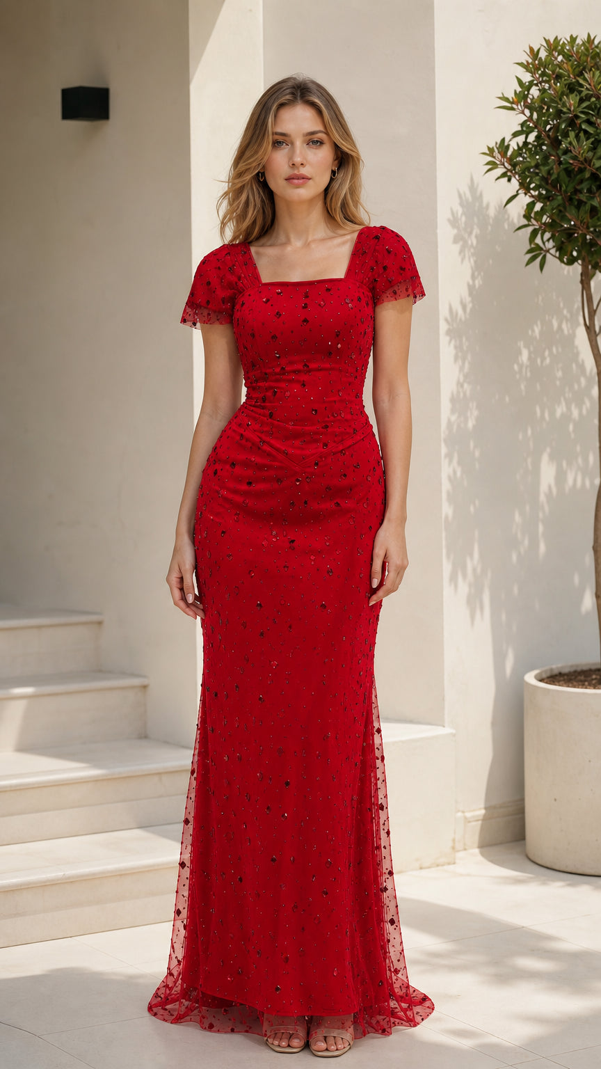 Front view of model wearing a ruby red beaded square neck floor-length evening gown with flutter cap sleeves