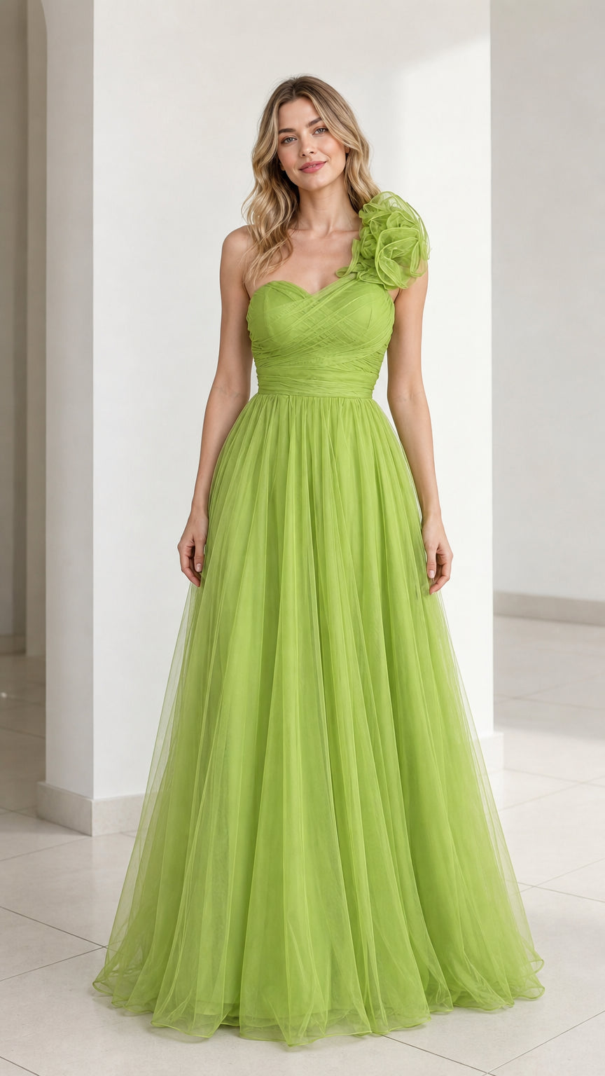 Front view of green one-shoulder tulle evening gown