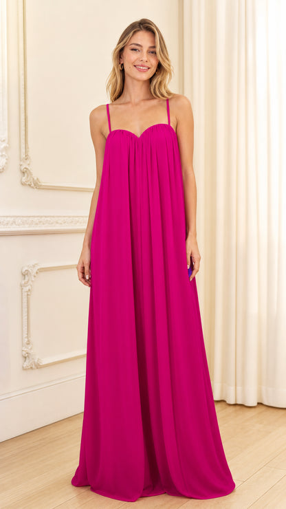 Front view of fuchsia spaghetti strap maxi dress