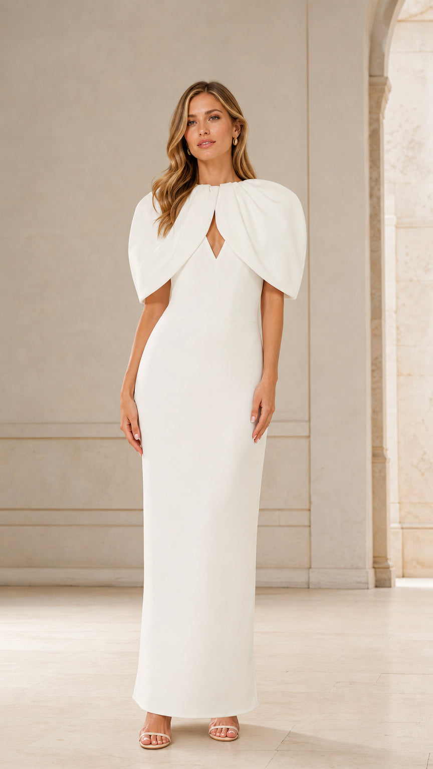Front view of woman wearing white cape maxi dress