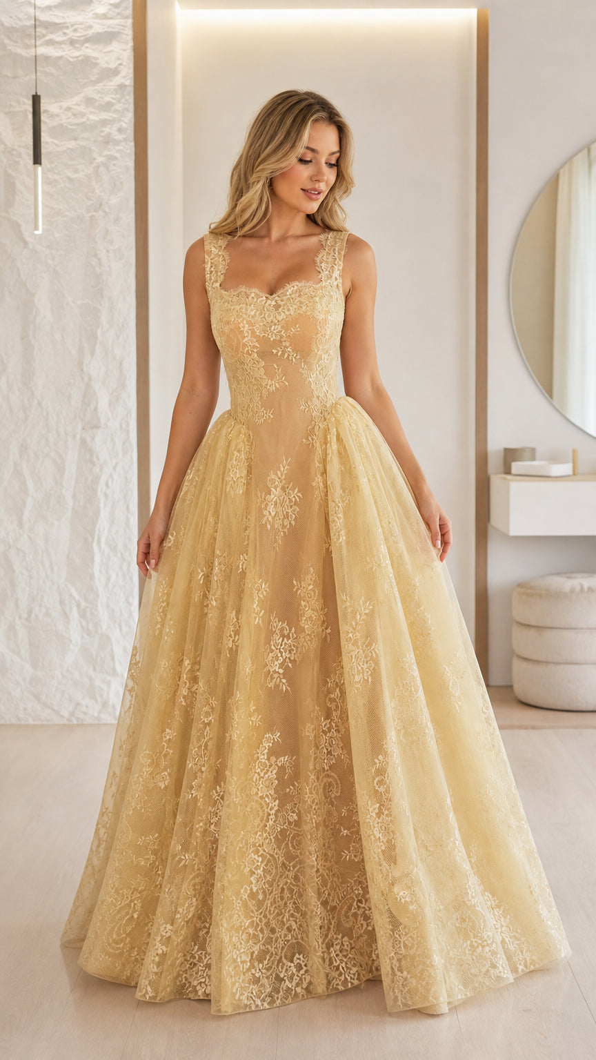 Front view of champagne lace ball gown evening dress