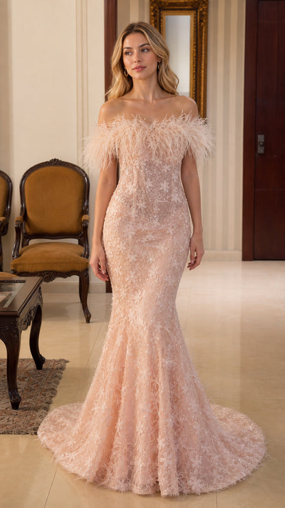 Front view of blush pink off-shoulder feather trim mermaid dress
