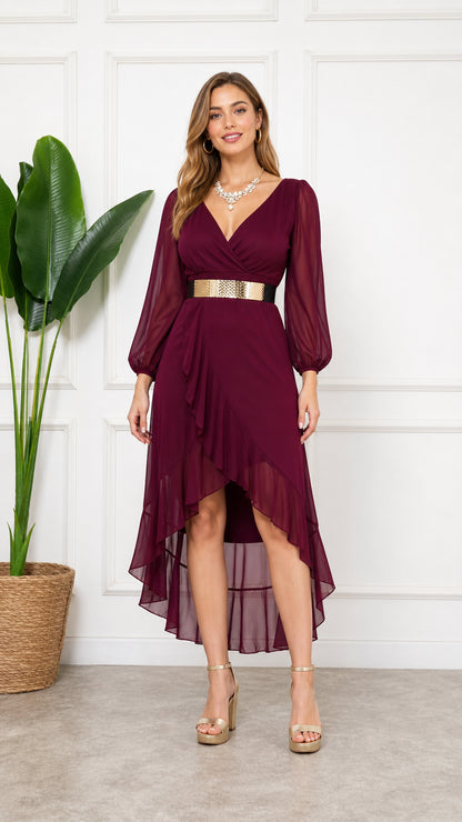 Burgundy long sleeve high-low chiffon cocktail dress with gold waist belt front view