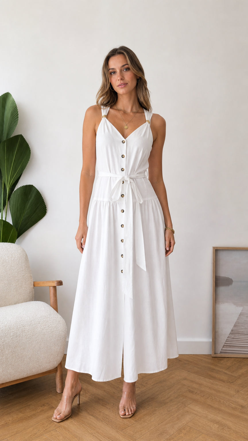 Front view of model wearing white button-front midi dress