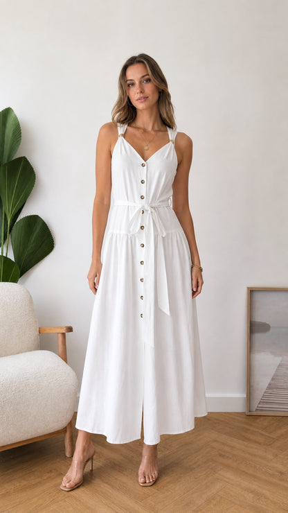 Front view of model wearing white button-front midi dress