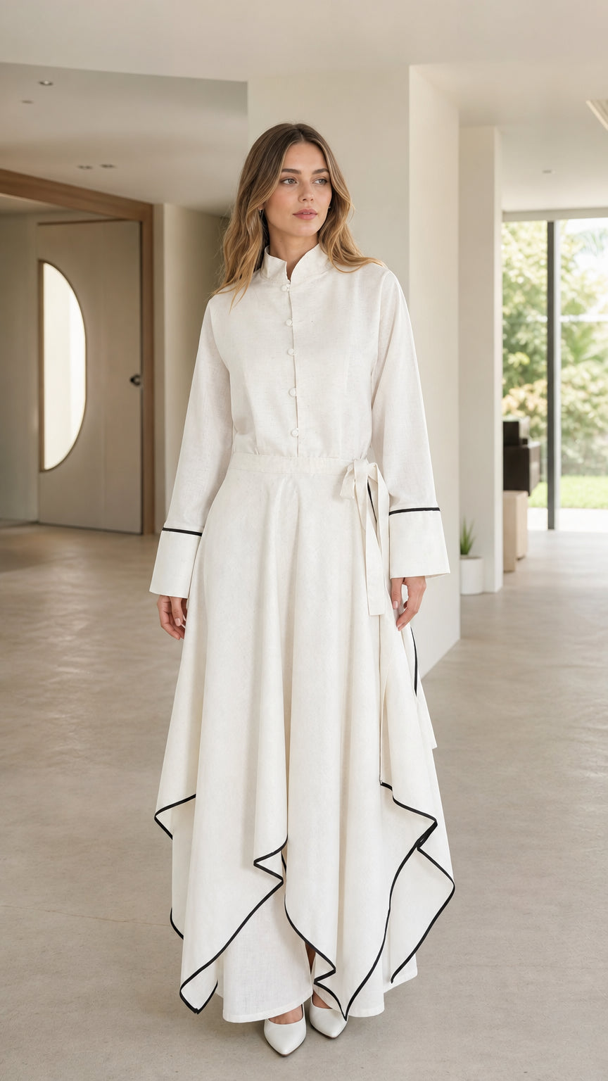 Front view of woman wearing white long sleeve maxi dress with contrast trim