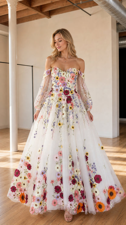 Front full view of woman wearing ivory off-the-shoulder tulle ball gown with colorful floral embroidery