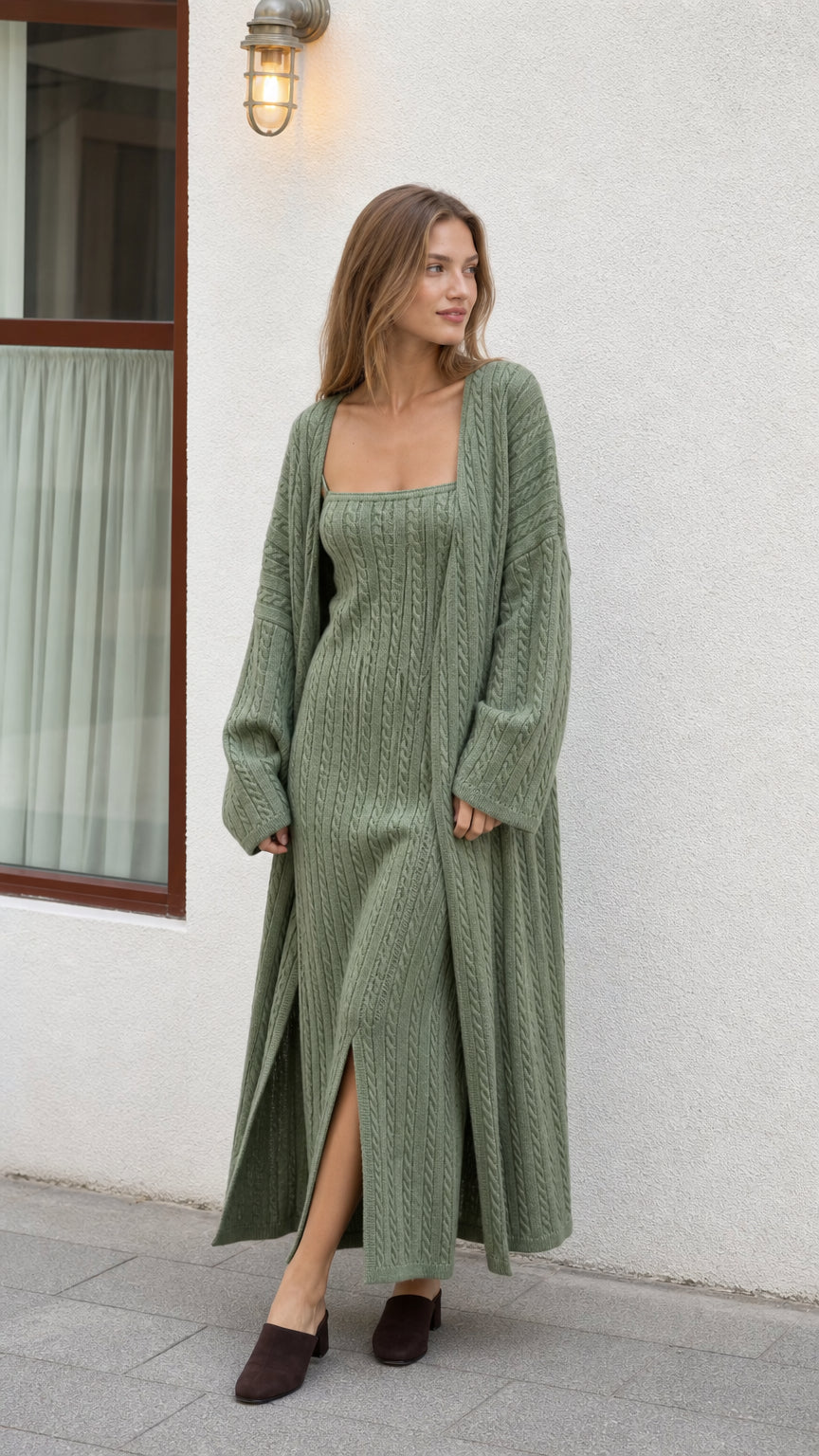 Front view of model wearing Sage Green cable knit maxi dress and matching long duster cardigan set