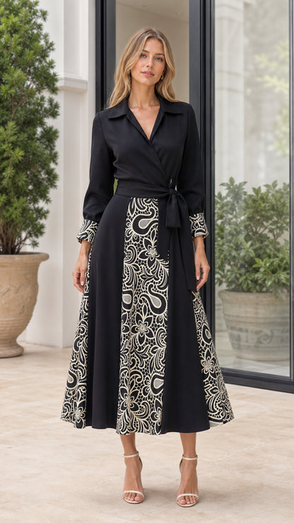 Front view of woman wearing Black embroidered midi shirt dress