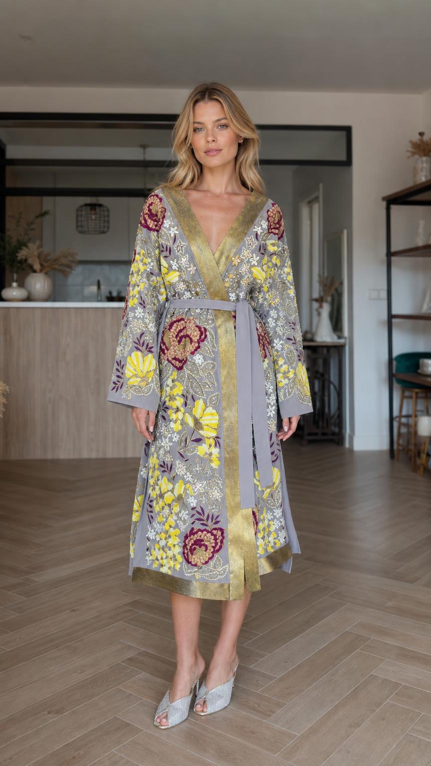 Front view of grey floral embroidered kimono robe