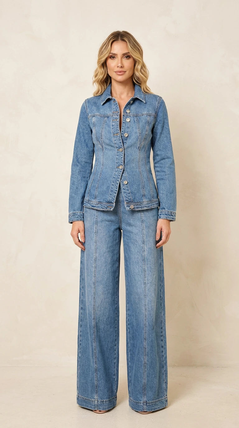 Front view of a woman wearing a medium wash blue denim-style jacket and matching wide-leg pants set