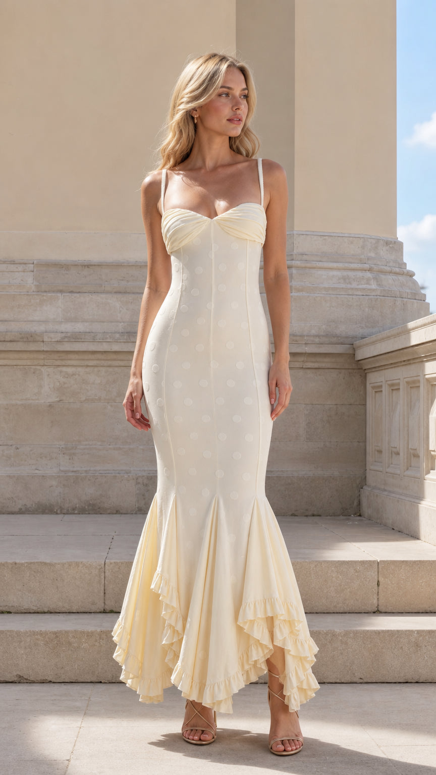 Front view of model wearing the Cream sweetheart neckline polka dot jacquard mermaid maxi dress