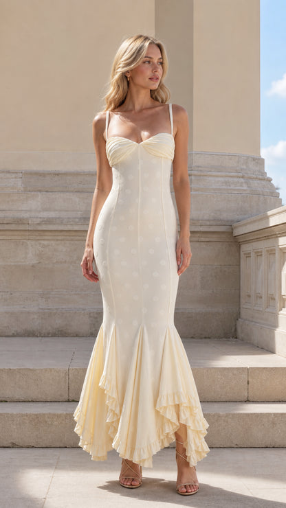 Front view of model wearing the Cream sweetheart neckline polka dot jacquard mermaid maxi dress