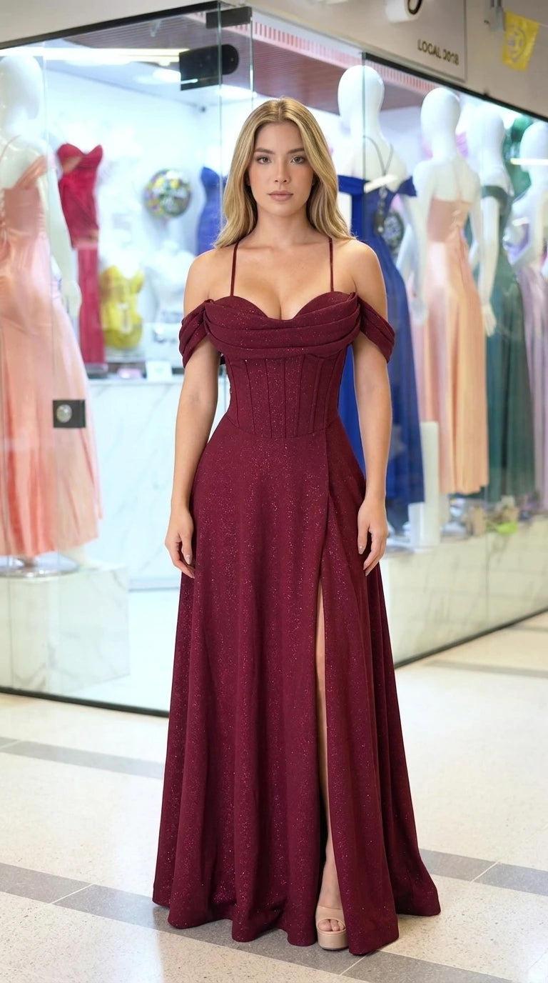 Front view of burgundy glitter corset evening dress with high slit