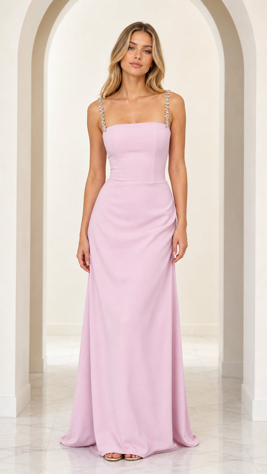 Front full view of lavender square neck maxi gown with rhinestone straps