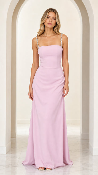 Front full view of lavender square neck maxi gown with rhinestone straps