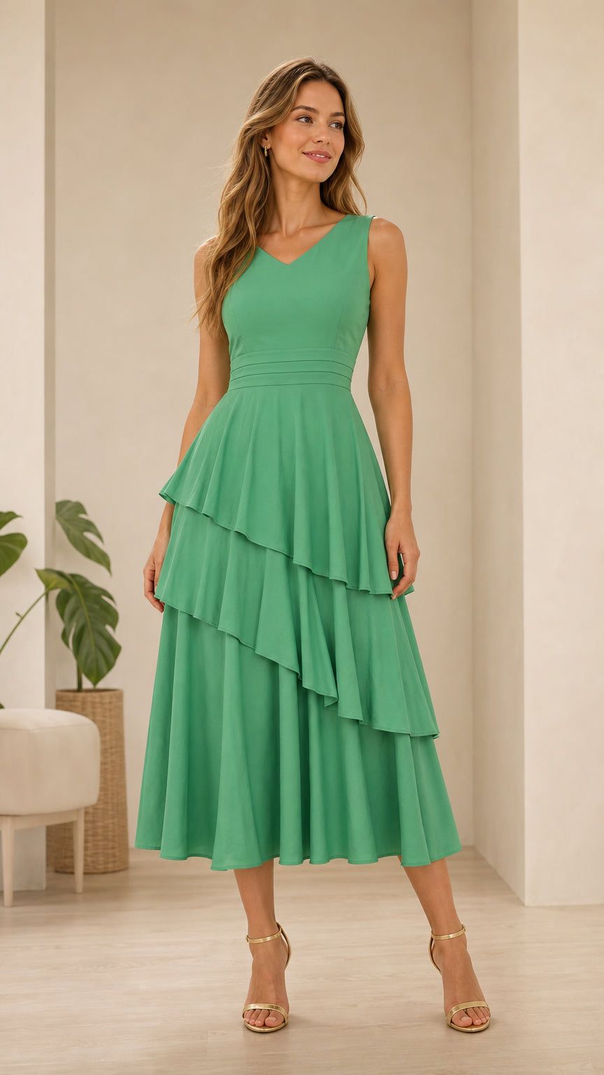 Elegance Tiered V-Neck Midi Dress in Green front view