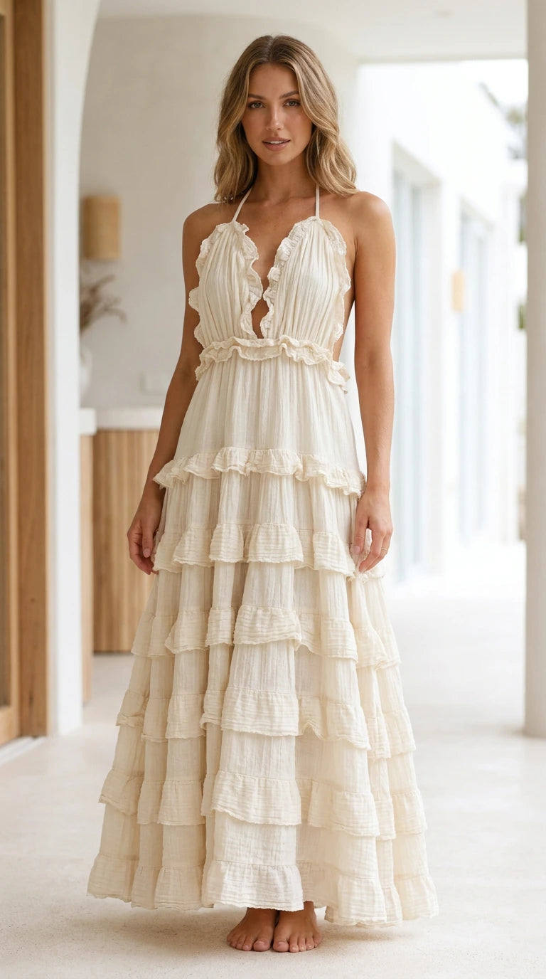 Model wearing White Boho Ruffle Halter Backless Tiered Maxi Dress front view