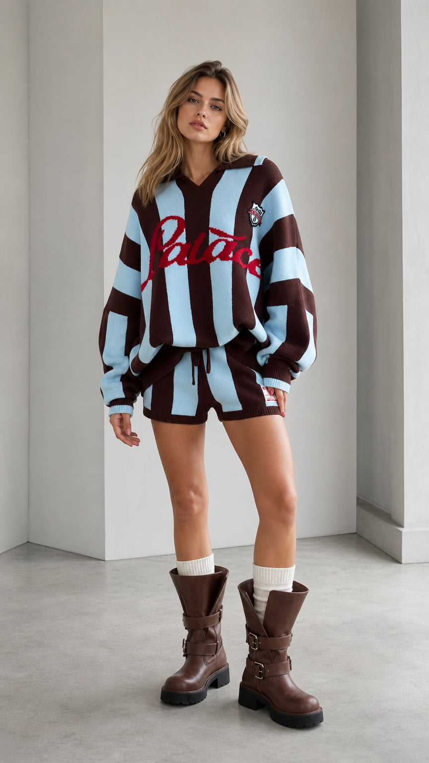 Front full-length view of model wearing brown and light blue striped knit polo and shorts set with boots