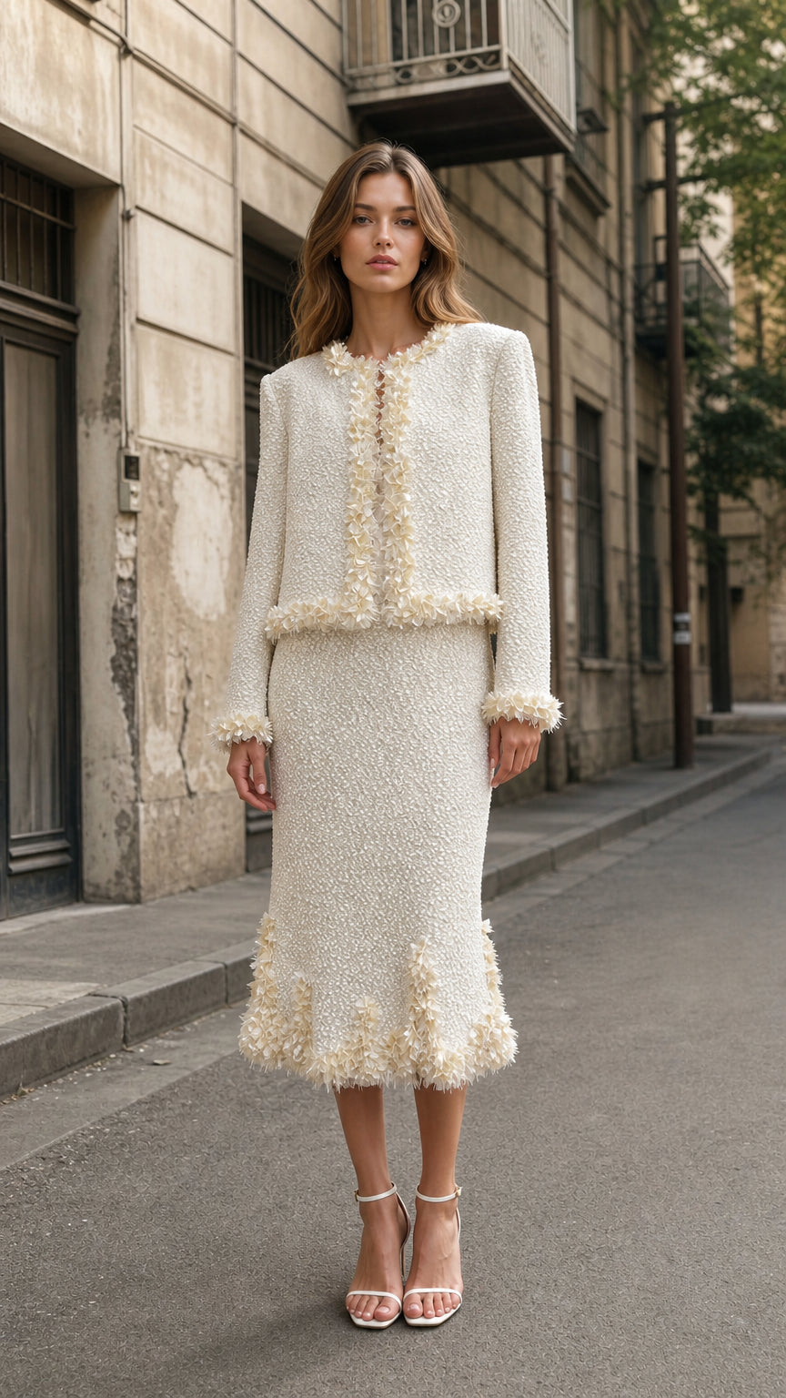 Front view of cream tweed crop jacket and midi skirt set