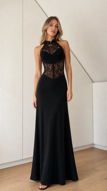Front view of black halter neck lace corset formal maxi dress
