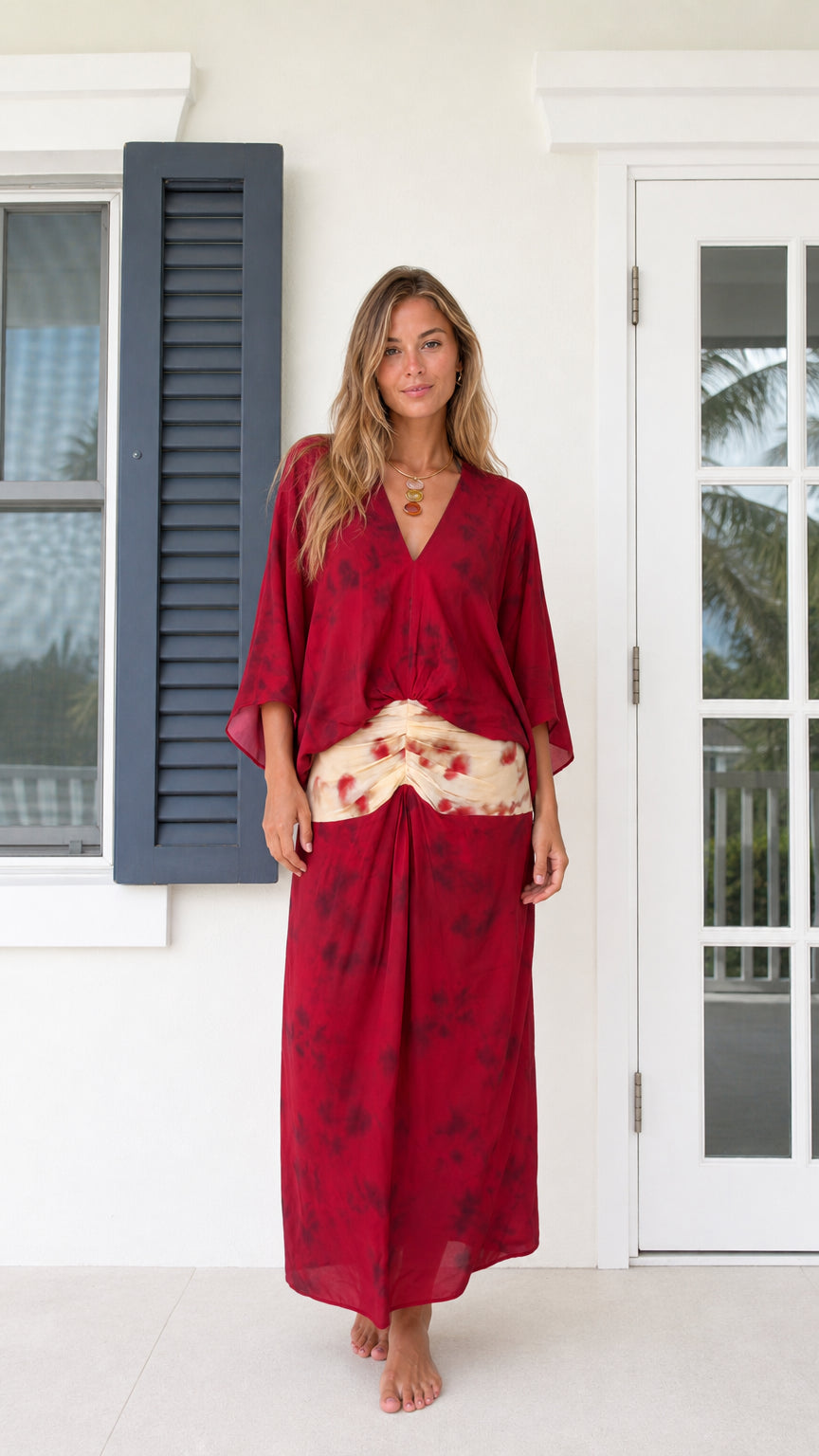Front full-length view of model wearing Wine Red boho kimono sleeve maxi dress with contrast waistband
