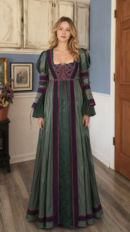 Renaissance Medieval Lace-Up Long Sleeve Maxi Dress in sage green, front view