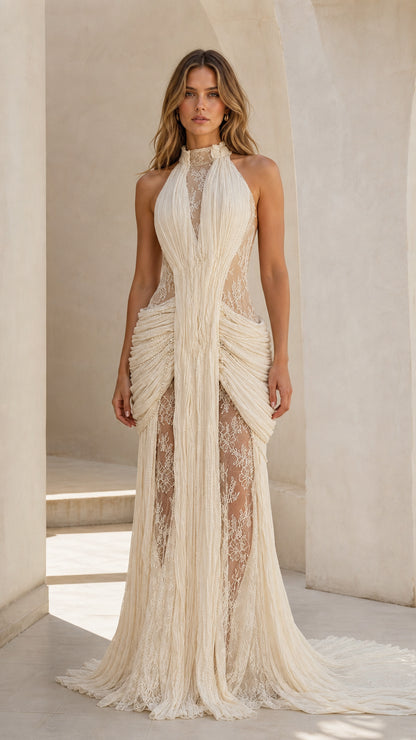 Front view of ivory halter neck draped lace maxi gown