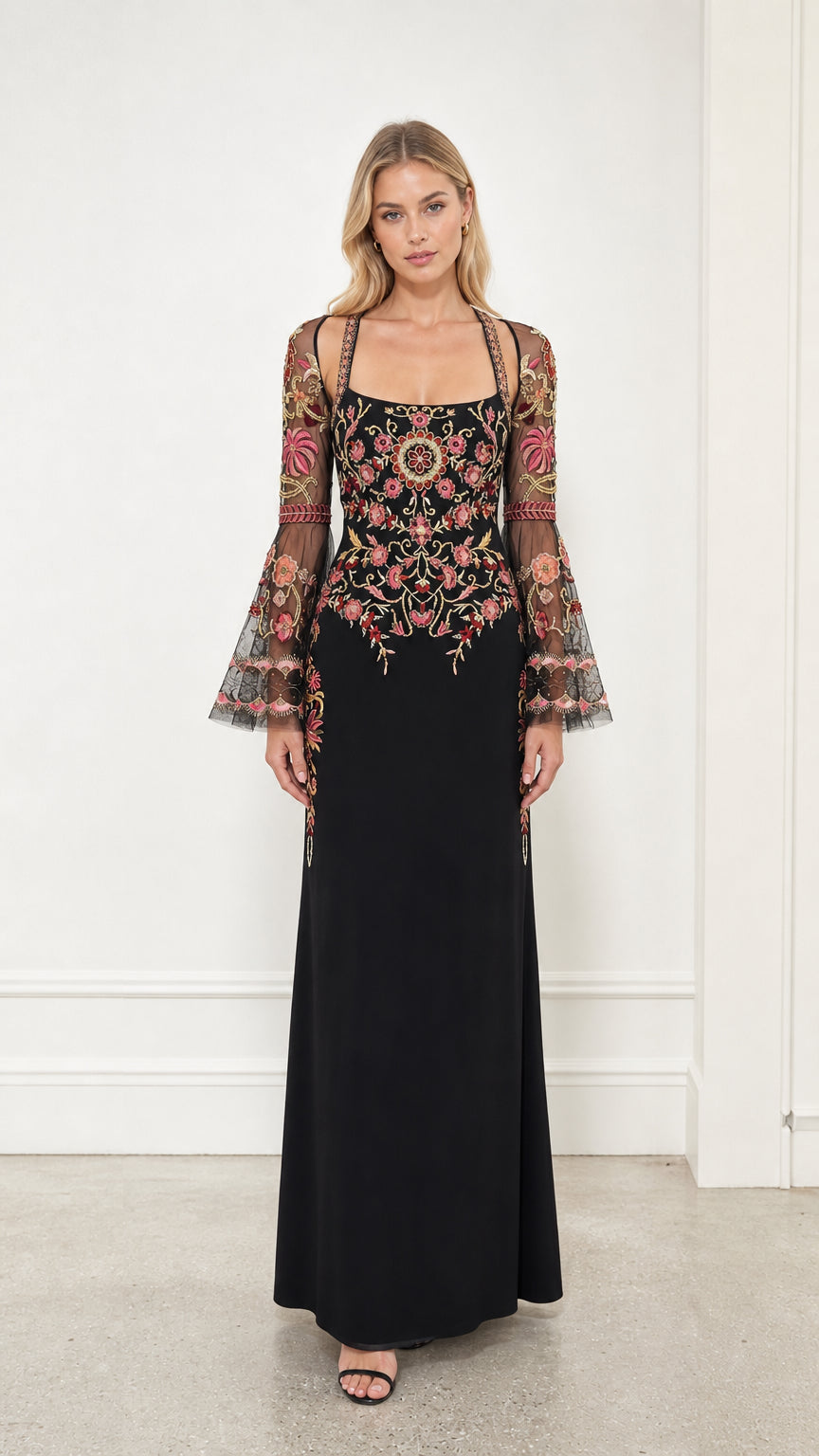 Front view of black embroidered mesh long sleeve maxi evening dress