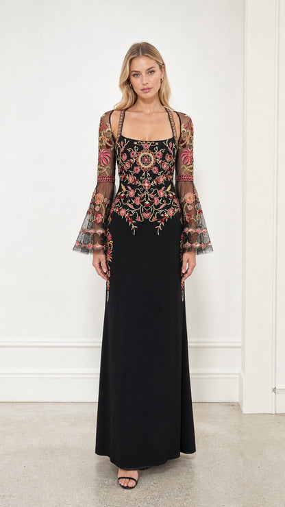 Front view of black embroidered mesh long sleeve maxi evening dress